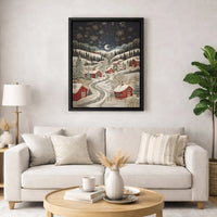 Paper Cut Style Red Houses Landscape Print, Winter Village Snowy Night Canvas Wall Art, Christmas Holiday Decor, Digital Download