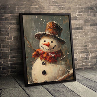 Rustic Winter Landscape Print, Snowman Oil Painting Canvas Wall Art, Christmas Holiday Wall Decor, Printable Digital Download