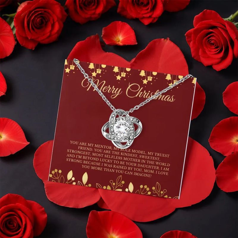 Daughter to Mom Love Knot Necklace, Mom Love Knot Necklace, Rotating Rose Box Love Knot Pendant, Sentimental Mother Christmas Present Jewelry