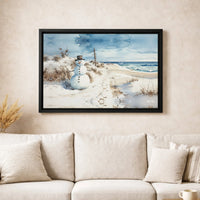 Snowy Beach Holiday Canvas Print, Coastal Snowman Canvas Wall Art, Watercolor Snowman Canvas, Coastal Christmas Wall Decor