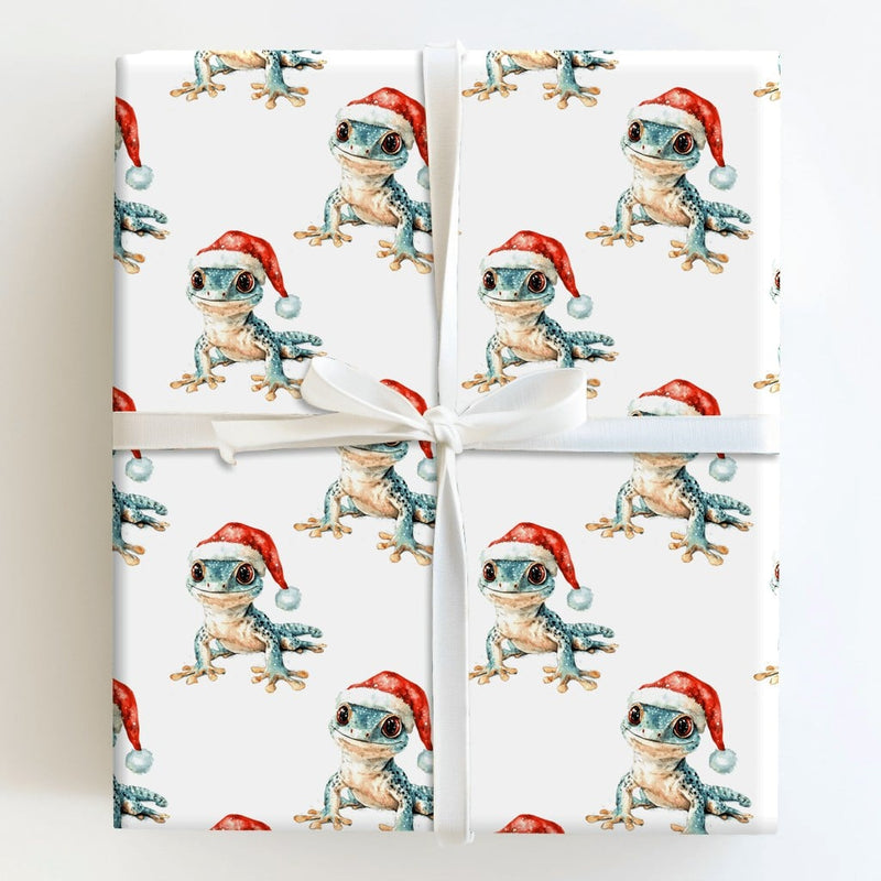 Santa Hat Lizard Gift Wrap Roll, Adorable Gecko Christmas Wrapping Paper, Watercolor Animal Wrapping Paper, Reptile Lover Holiday Gift Wrap