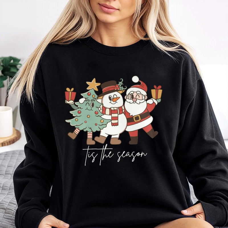 Retro Santa Snowman Tree Holiday Crewneck, Tis the Season Christmas Sweatshirt, Vintage Christmas Sweater, Family Xmas Sweatshirt