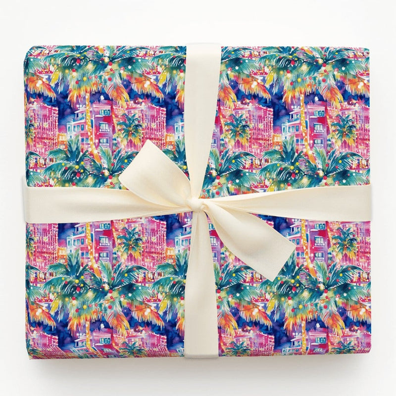Coastal Palm Tree Gift Wrap, Tropical Christmas Wrapping Paper, Vibrant Cityscape Wrapping Paper, Warm Holiday Present Gift Wrap