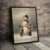 Nostalgic Winter Scene Canvas Print, Vintage Children Building Snowman Canvas Wall Art, Christmas Holiday Canvas Decor