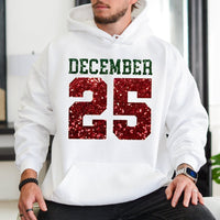 Glitter Red and Green Holiday Hoodie, December 25 Christmas Hoodie, Festive Winter Graphic Pullover Hoodie, Adorable Xmas Hooded Sweatshirt