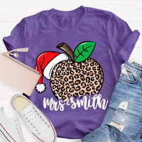 Custom Name Christmas T-Shirt, Personalized Leopard Santa Hat Shirt, Festive Holiday Graphic Tee, Comfy Xmas Present for Her, Adorable Top