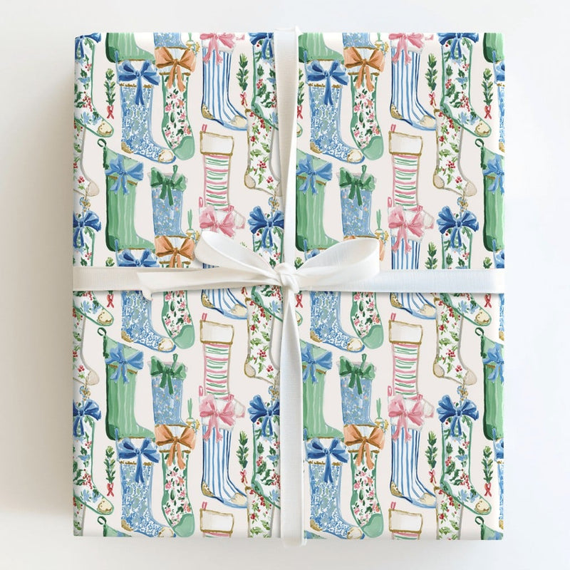 Festive Rain Boot Holiday Gift Wrap, Watercolor Wellington Boot Christmas Wrapping Paper, 90 GSM Fine Art Paper, Winter Present Wrap