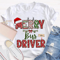 Custom Santa Hat Holiday Graphic Tee, Personalized Bus Driver Christmas T-Shirt, Merry Christmas Driver Shirt, Adorable Xmas School Bus Tee