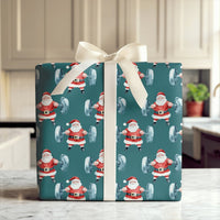 Dark Teal Gym Gift Wrap, Watercolor Weightlifting Santa Wrapping Paper, Bodybuilder Christmas Present Paper, Fitness Xmas Wrapping Paper
