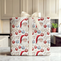 Sports Holiday Gift Wrap, Baseball Santa Christmas Wrapping Paper, Red White Blue Baseball Wrapping Paper, Coach Player Gift Wrap Roll