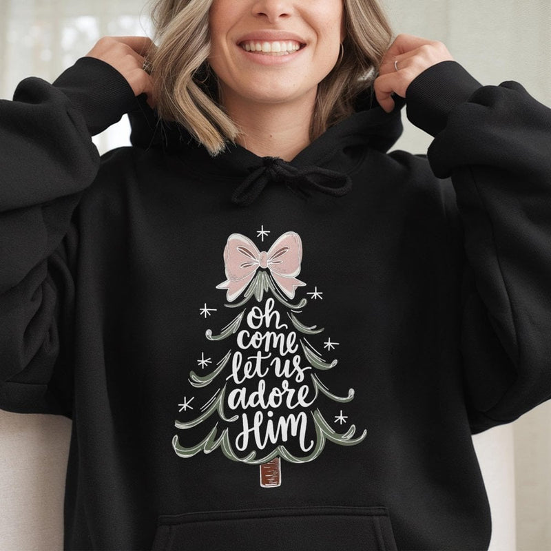 Christmas Tree Bow Sweatshirt, Oh Come Let Us Adore Him Hoodie, Christian Holiday Hooded Pullover, Religious Xmas Hoodie, Faith Present for Her