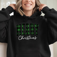 Buffalo Plaid Lettering Hoodie, Green Plaid Merry Christmas Hoodie, Festive Winter Holiday Hoodie, Comfy Xmas Pullover Sweatshirt