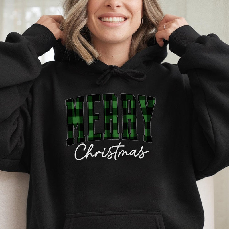 Buffalo Plaid Lettering Hoodie, Green Plaid Merry Christmas Hoodie, Festive Winter Holiday Hoodie, Comfy Xmas Pullover Sweatshirt