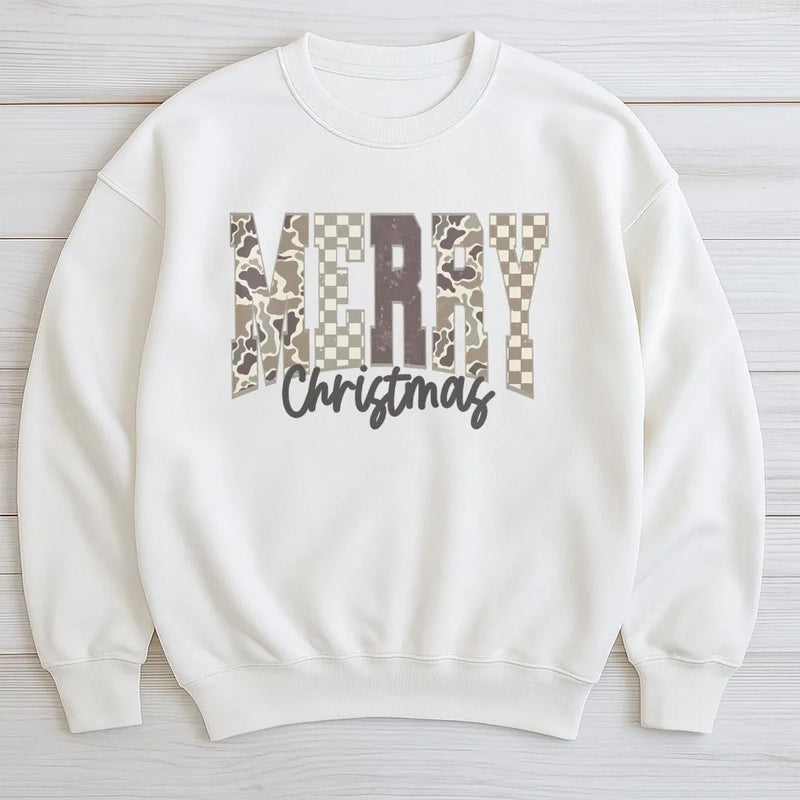 Checkered Holiday Lettering Crewneck, Merry Christmas Camo Sweatshirt, Southern Country Hunter Xmas Sweater, Winter Holiday Present