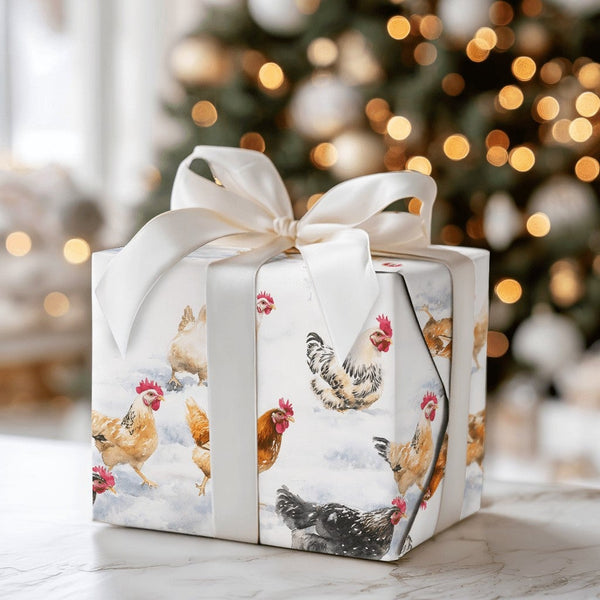 Watercolor Farm Animal Gift Wrap, Chicken Christmas Wrapping Paper, Winter Rooster Wrapping Paper, Rustic Holiday Gift Wrap, 