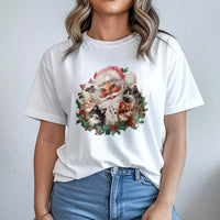 Retro Adorable Festive Cat Lover Graphic Tee, Santa and Kittens Christmas T-Shirt, Whimsical Holiday Cat Mom Shirt, Vintage Xmas Kitten Tee