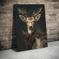Vintage Reindeer Red Bow Print, Christmas Deer Canvas Wall Art, Festive Holiday Animal Decor, Rustic Winter Cabin Canvas Art Present