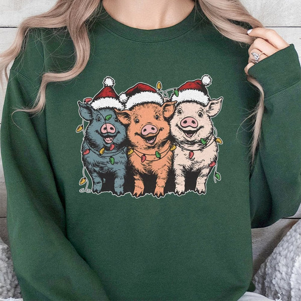 Humorous Farm Animal Lights Sweater, Christmas Pig Sweatshirt, Adorable Pig Lover Xmas Crewneck, Farmhouse Holiday Pullover, 