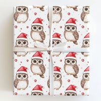 Santa Hat Animal Gift Wrap, Christmas Owl Wrapping Paper, Adorable Watercolor Bird Present Paper, Whimsical Holiday Gift Wrapping Paper