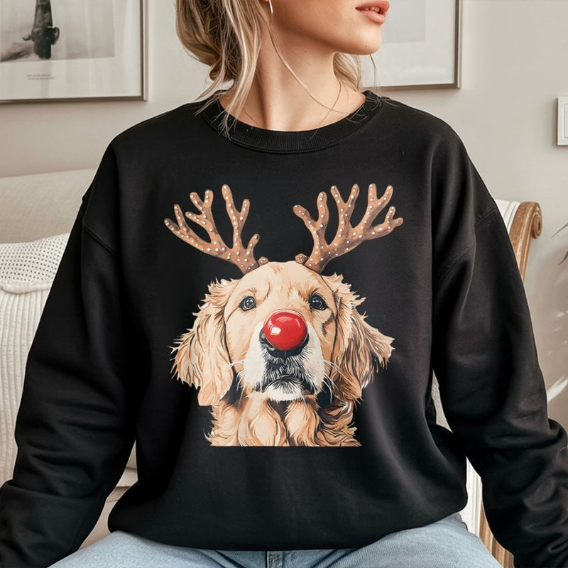 Reindeer Antlers Dog Sweatshirt, Christmas Golden Retriever Sweatshirt, Adorable Holiday Puppy Crewneck, Winter Dog Mom Pullover Sweatshirt