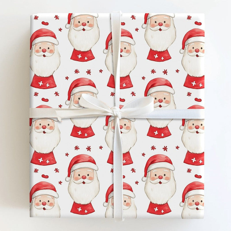 Watercolor Santa Wrapping Paper, Adorable Santa Claus Wrapping Paper, Holiday Snowflake Gift Wrap, Whimsical Christmas Present Wrapping Paper