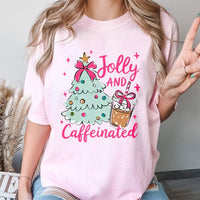 Christmas Coffee Lover Shirt, Jolly and Caffeinated T-Shirt, Festive Holiday Graphic Tee, Adorable Xmas Coffee T-Shirt