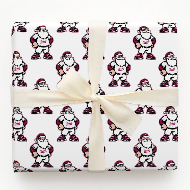 Buff Santa Mascot Gift Wrap, Devils Santa Christmas Wrapping Paper, Sports Fan Holiday Wrapping Paper, Maroon Mascot Gift Wrapping Paper