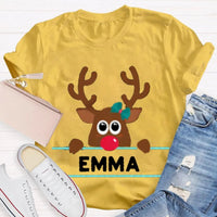 Custom Name Reindeer Holiday Graphic Tee, Personalized Christmas Elk Bow Shirt, Adorable Christmas Elk T-Shirt, Festive Winter Holiday Present