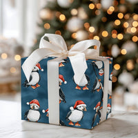 Adorable Santa Hat Bird Gift Wrap, Christmas Puffin Wrapping Paper, Teal Winter Holiday Wrapping Paper, Coastal Nature Lover Holiday Gift Wrap