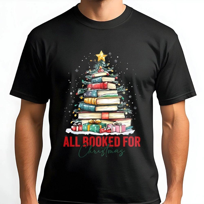 Book Stack Xmas Tree Shirt, All Booked for Christmas T-Shirt, Bookish Reader Librarian Graphic Tee, Adorable Holiday Teacher Cotton T-Shirt