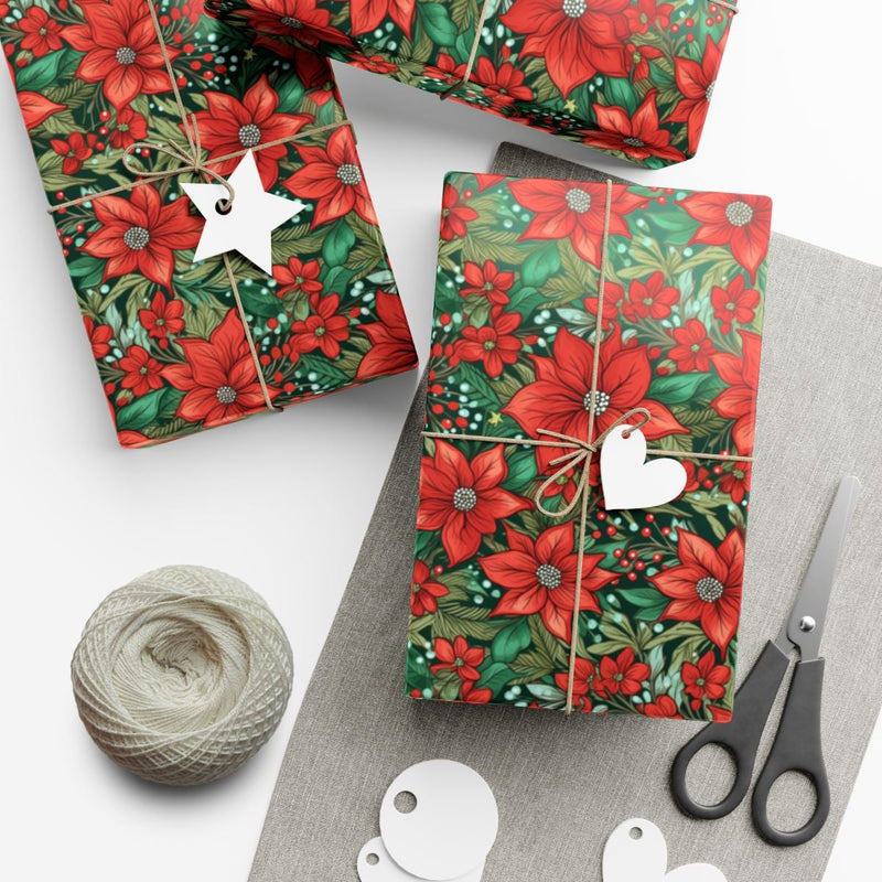Holly Berry Gift Wrap, Red Poinsettia Wrapping Paper, Christmas Floral Gift Wrapping Paper, Botanical Holiday Wrap, Festive Present Paper