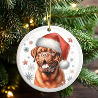 Santa Hat Dog Ceramic Ornament, Dogue de Bordeaux Christmas Ornament, Festive Puppy Holiday Ornament, French Mastiff Pet Lover Tree Present