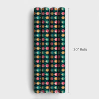 Retro Christmas Gift Wrap Roll, Disco Ball Ornament Wrapping Paper, Multicolor Holiday Present Paper, Dark Green Festive Gift Wrapping