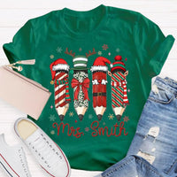 Adorable Pencil Holiday T-Shirt, Personalized Teacher Christmas Shirt, Custom Teacher Tee, Festive School Graphic Shirt, Holiday Teacher Present