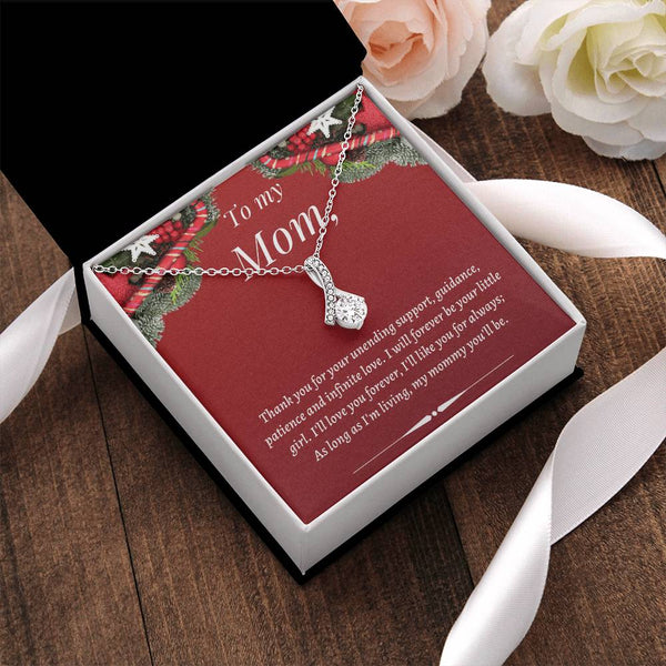 Christmas Present for Mother, Mom Ribbon Pendant Necklace, Cubic Zirconia Mom Necklace, White Gold Ribbon Necklace, Sentiment