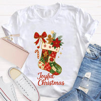 Retro Festive Pattern Tee, Christmas Bows and Holiday Socks Shirt, Adorable Christmas Graphic T-Shirt, Comfy Winter Holiday Present