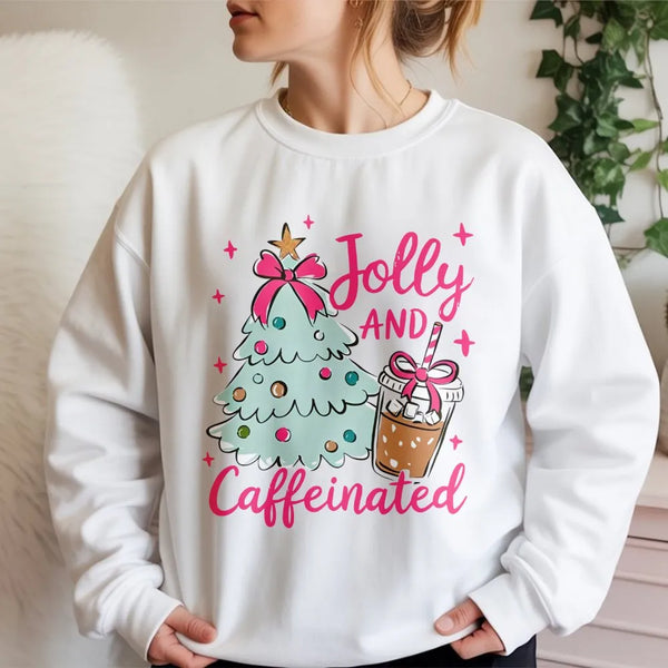 Christmas Coffee Crewneck, Jolly and Caffeinated Sweatshirt, Adorable Holiday Tree Pullover, Festive Xmas Sweater, Coffee Lov