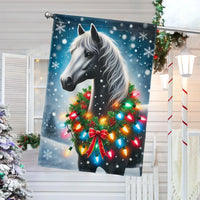 Winter Snow Scene Yard Flag, Horse Christmas Garden Flag, Festive Wreath Double Sided Outdoor Flag, Holiday Equestrian Lawn Decor