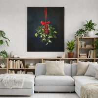Hanging Mistletoe with Red Ribbon Canvas Print, Mistletoe Canvas Wall Art, Minimalist Holiday Canvas, Christmas Botanical Wall Decor