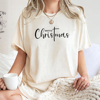 Christian Faith Script Shirt, Merry Christmas Cross T-Shirt, Minimalist Religious Xmas Tee, Holiday Graphic T-Shirt, Present for Men and Women