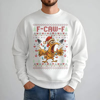 Humorous Rooster Chicken Holiday Sweater, F-Caw-F Ugly Christmas Sweatshirt, Sarcastic Poultry Farmer Xmas Pullover, Joke Present