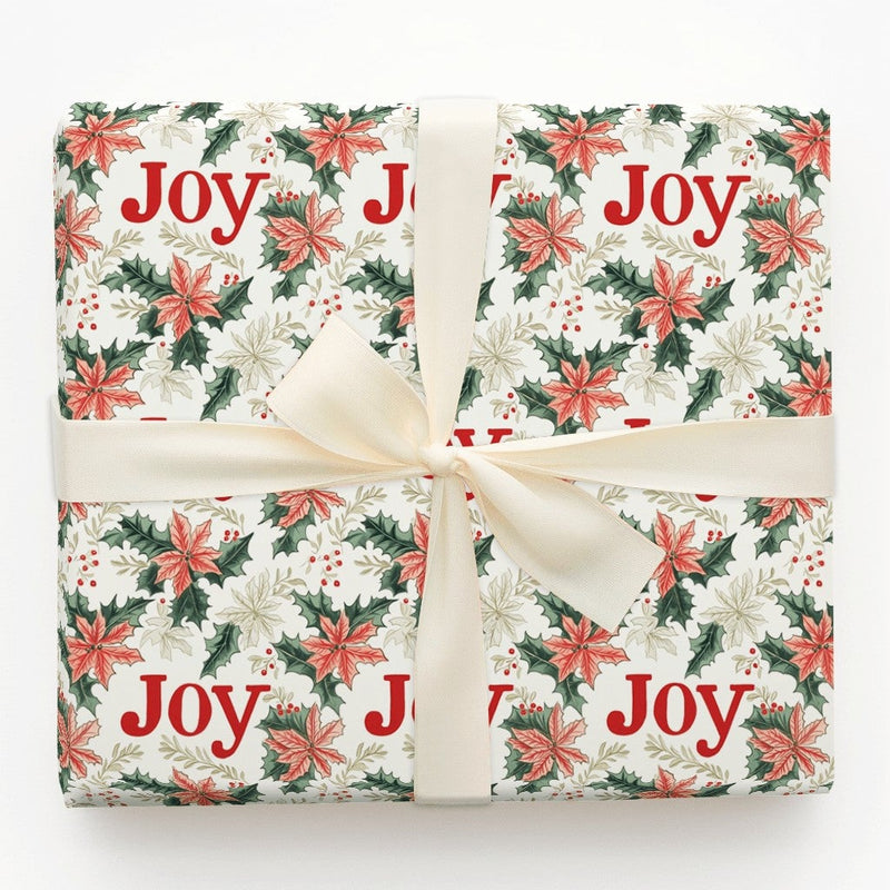 Botanical Holly Holiday Gift Wrap, Joy Poinsettia Christmas Wrapping Paper, Floral Christmas Wrapping Paper, Festive Present Packaging