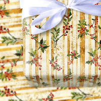 Gold Stripe Christmas Gift Wrap, Watercolor Holly Wrapping Paper, Vintage Berry Botanical Wrapping Paper, Holiday Present Wrapping Paper