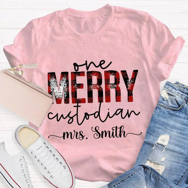 Custom Janitor Holiday Shirt, Personalized One Merry Custodian Christmas T-Shirt, Custodial Staff Graphic Tee Xmas Present