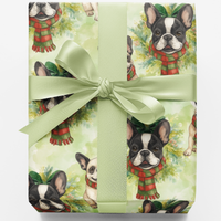 Scarf and Spruce Frenchie Wrapping Paper, French Bulldog Christmas Wrapping Paper, Festive Puppy Wreath Holiday Wrapping Paper