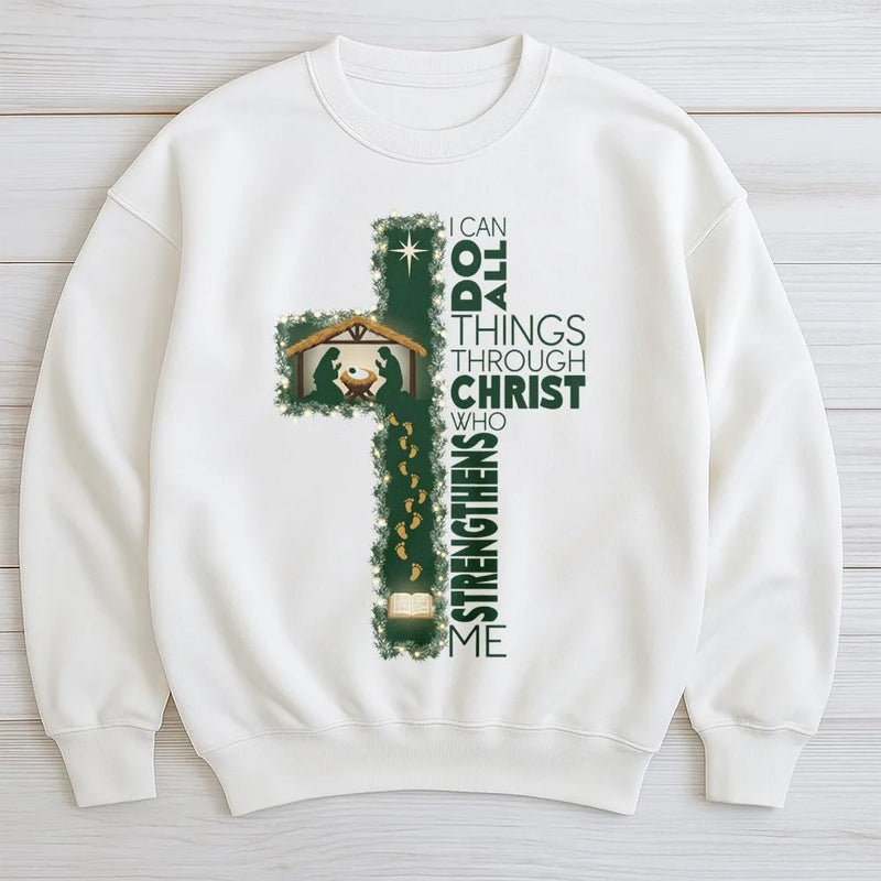 Nativity Cross Sweatshirt, I Can Do All Things Through Christ Sweatshirt, Christian Bible Verse Crewneck, Faith Christmas Sweatshirt Present