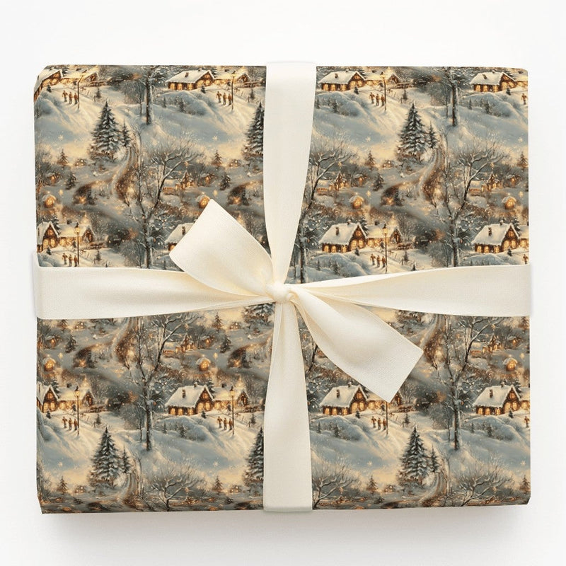 Winter Wonderland Gift Wrap, Snowy Christmas Village Wrapping Paper, Vintage Dusk Cottage Wrapping Paper, Holiday Present Wrapping Paper
