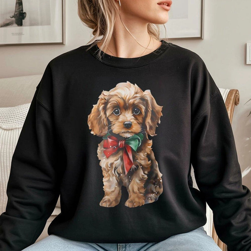 Adorable Holiday Bow Puppy Crewneck, Cavapoo Christmas Sweatshirt, Dog Lover Xmas Sweater, Comfy Winter Pet Lover Apparel Present