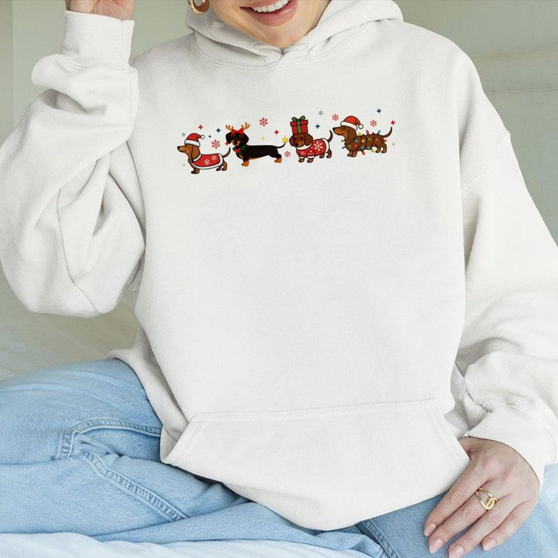 Humorous Wiener Dog Santa Hat Sweatshirt, Dachshund Christmas Hoodie, Holiday Doxie Lover Pullover, Adorable Festive Animal Hooded Sweater
