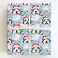 Dog in Santa Hat Gift Wrap, Old English Sheepdog Christmas Wrapping Paper, Holiday Dog Wrapping Paper, Festive Present Wrap